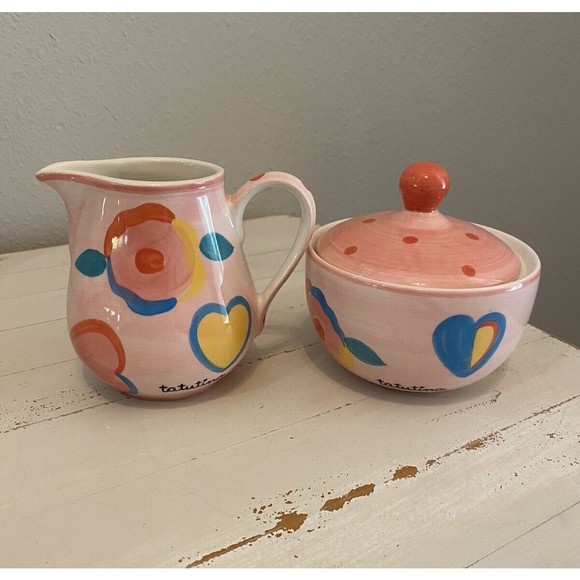 Tatutina Ceramic Pinky Cream and Sugar Set Handpainted Used - Picture 1 of 13